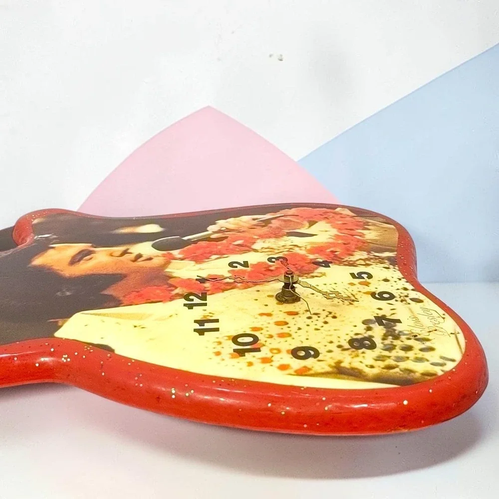 VTG 90s Elvis Presley Guitar Wall Clock Glitter Aloha Hawaii Resin Wood 39